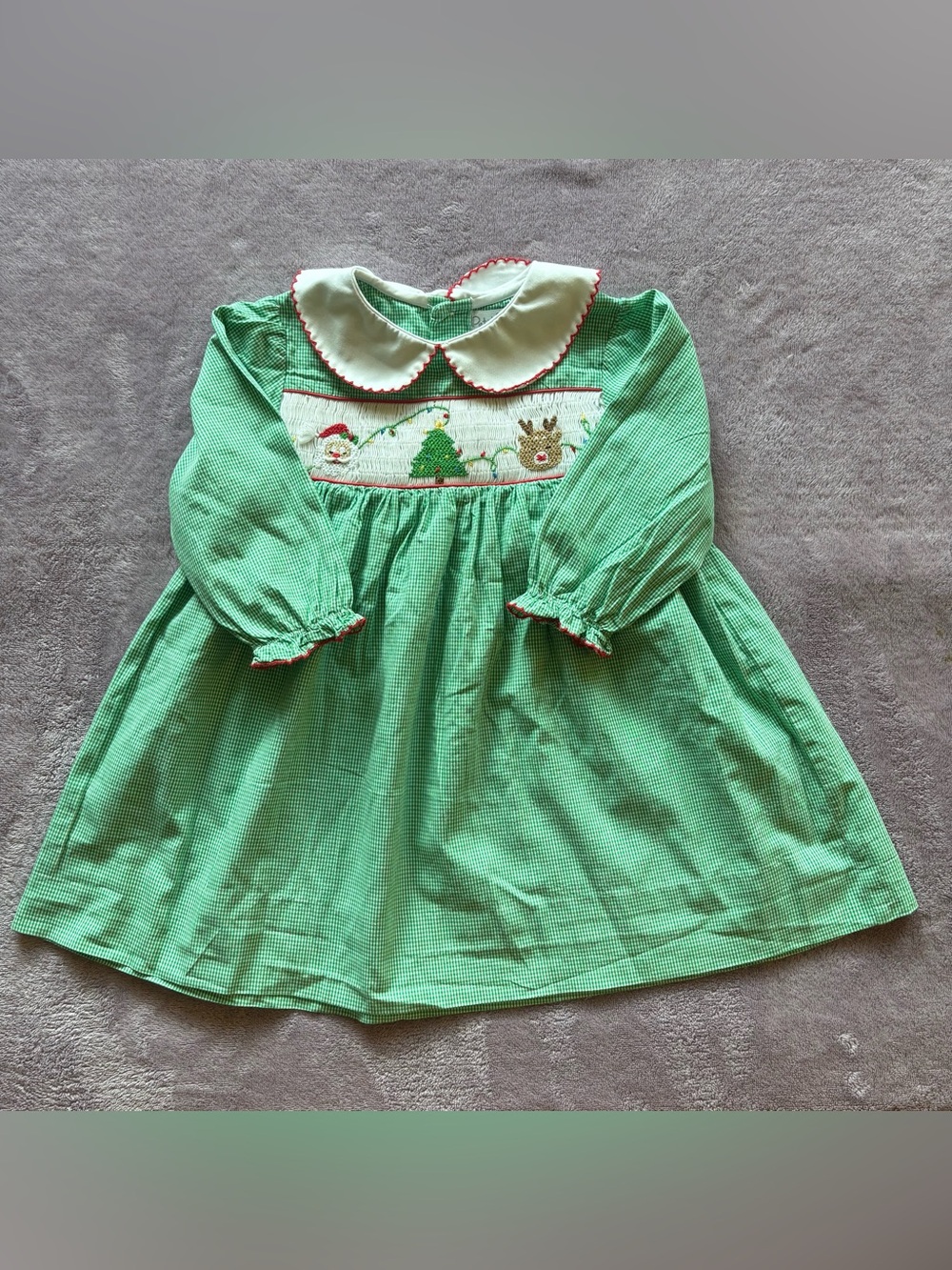 Petit Ami Green Gingham Smocked Holiday Dress with White Collar and Red Trim
